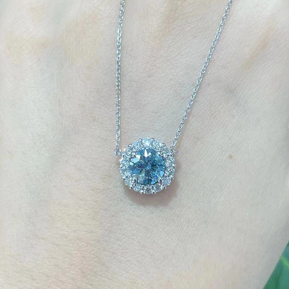 SLZP001L07 1.13ct Round Blue Lab Grown Diamond in 18K White Gold Necklace