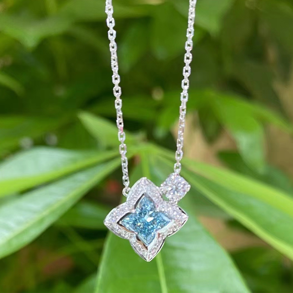 SLZZ001L07 1.17ct Four Leaf Blue Lab Grown Diamond in 18K White Gold Necklace