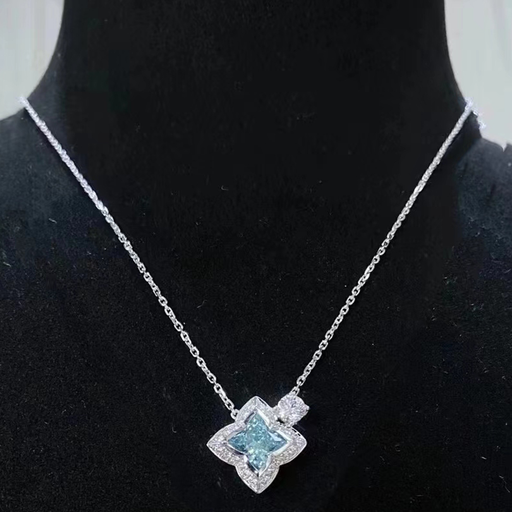 SLZZ001L17 1.17ct Four Leaf Blue Lab Grown Diamond in 18K White Gold Necklace