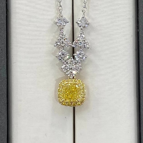 SLZZKCZ0040 2.025ct Cushion Yellow Lab Grown Diamond in 18K White Gold Necklace