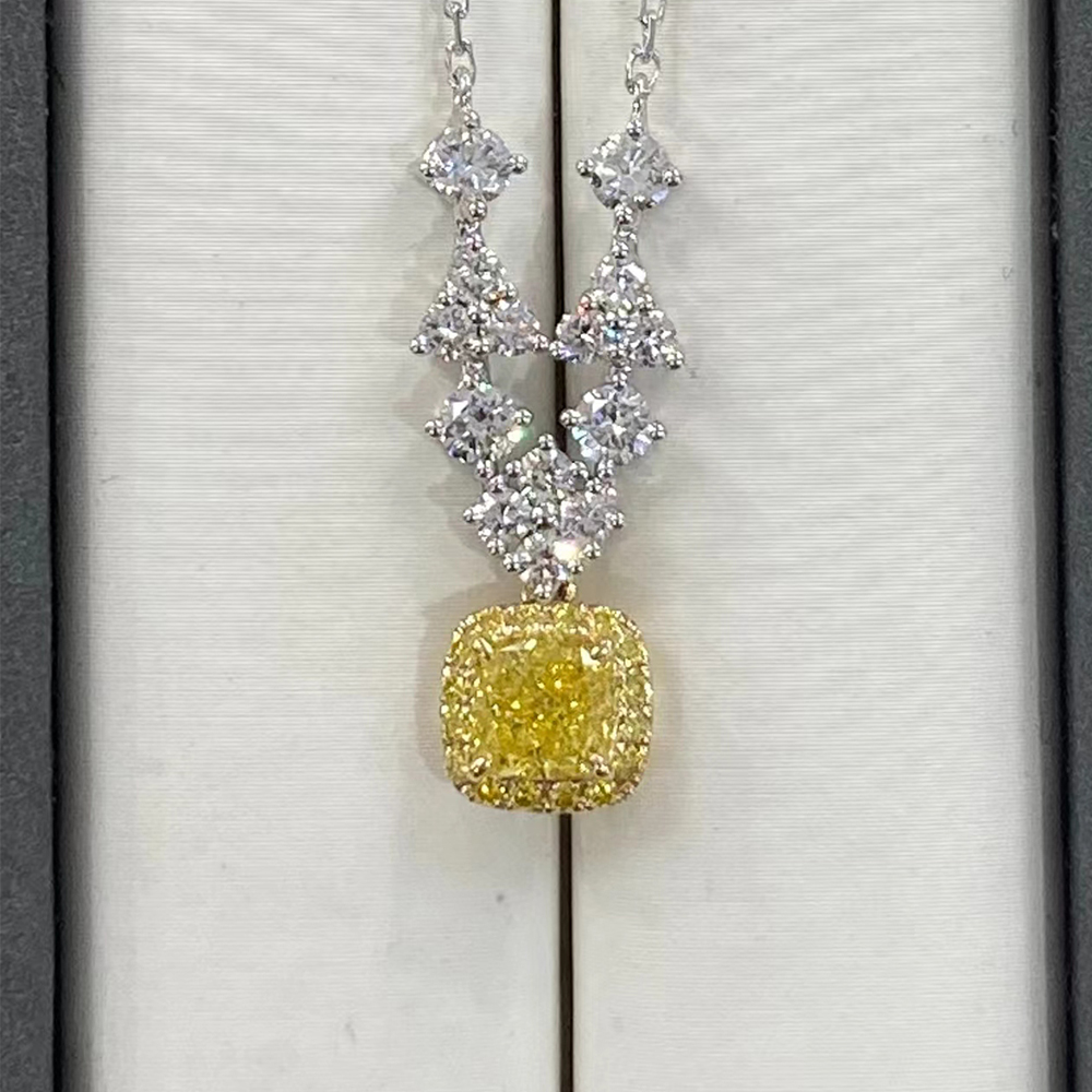 SLZZKCZ0040 2.025ct Cushion Yellow Lab Grown Diamond in 18K White Gold Necklace