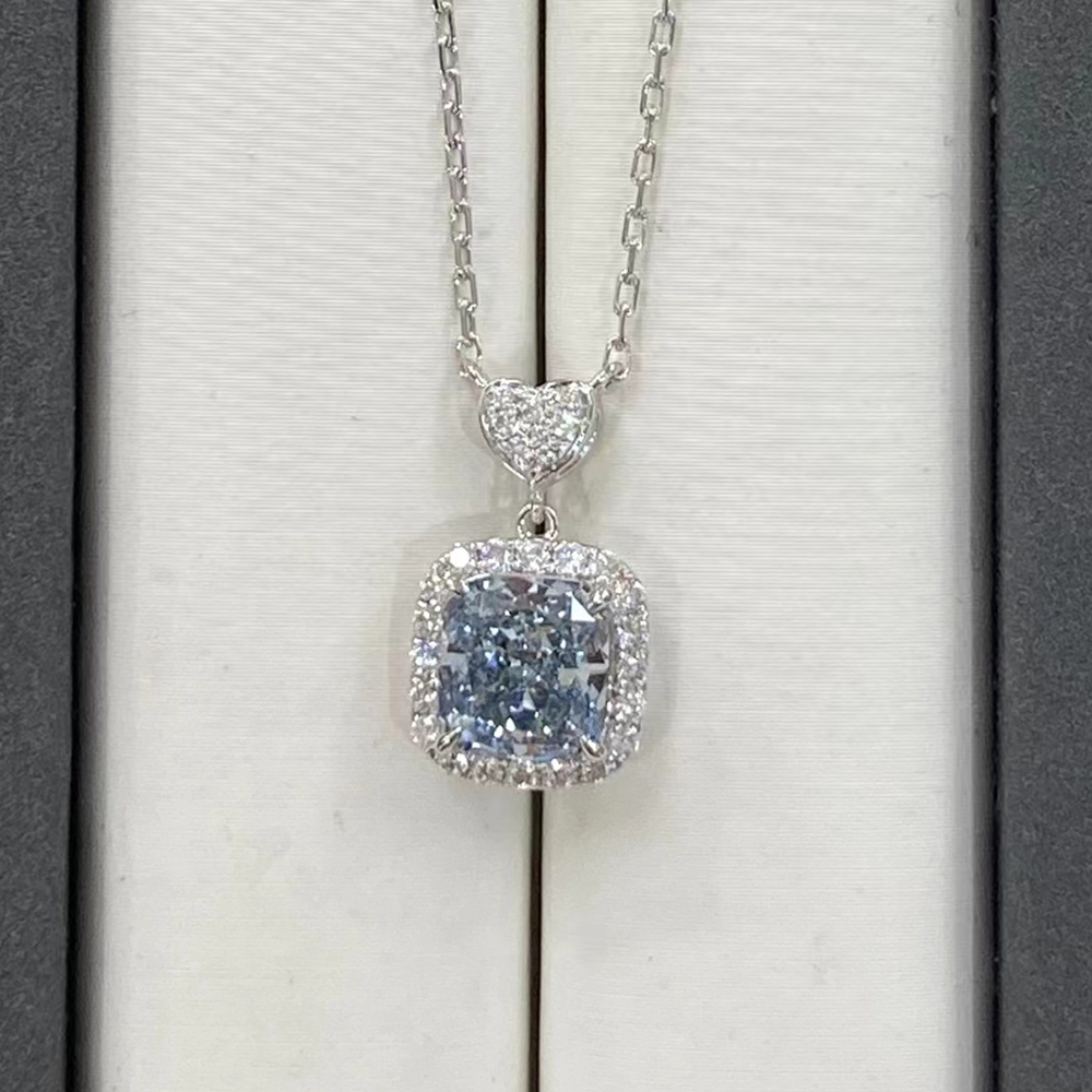 SLZZKCZ0066 2.078ct Cushion Blue Lab Grown Diamond in 18K White Gold Necklace