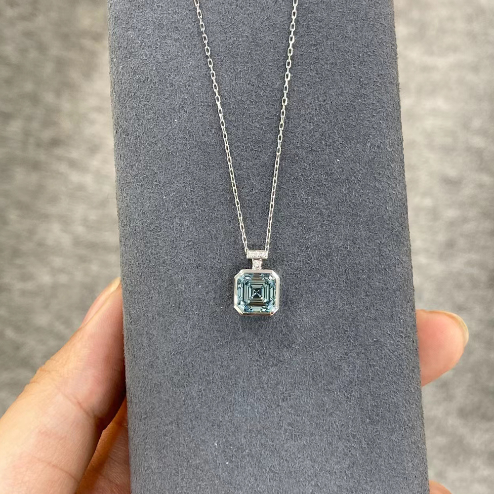 SLZZKCZ019 1.722ct Emerald Blue Lab Grown Diamond in 18K White Gold Necklace