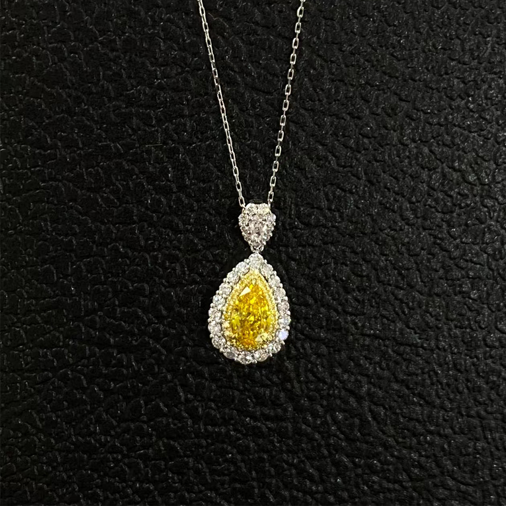 SLZZKCZ039 2.11ct Pear Yellow Lab Grown Diamond in 18K White Gold Necklace