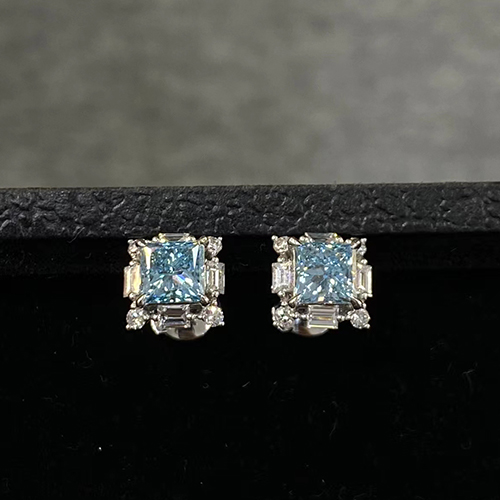 SLZZKCZ050 3.427ct Princess Blue Lab Grown Diamond in 18K White Gold Earrings