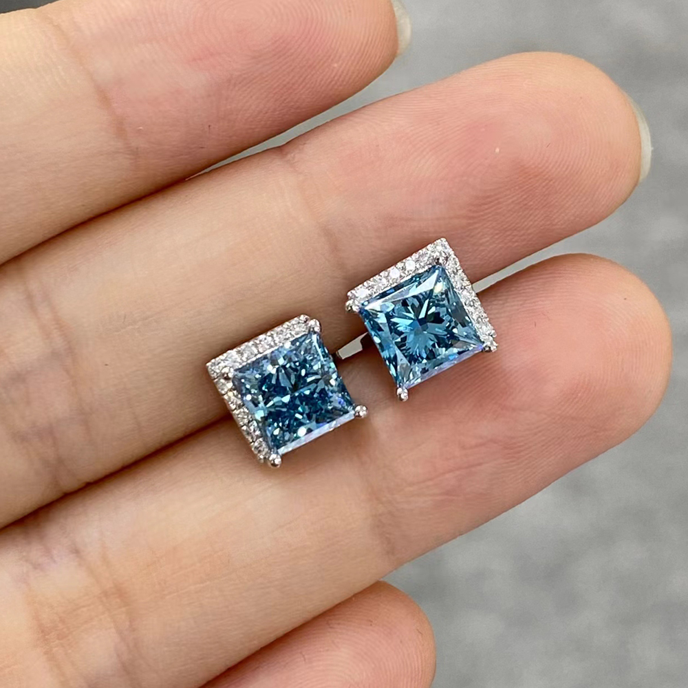 SLZZKCZ051 3.267ct Princess Blue Lab Grown Diamond in 18K White Gold Earrings (2)