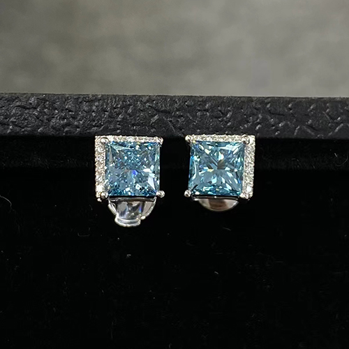 SLZZKCZ051 3.267ct Princess Blue Lab Grown Diamond in 18K White Gold Earrings