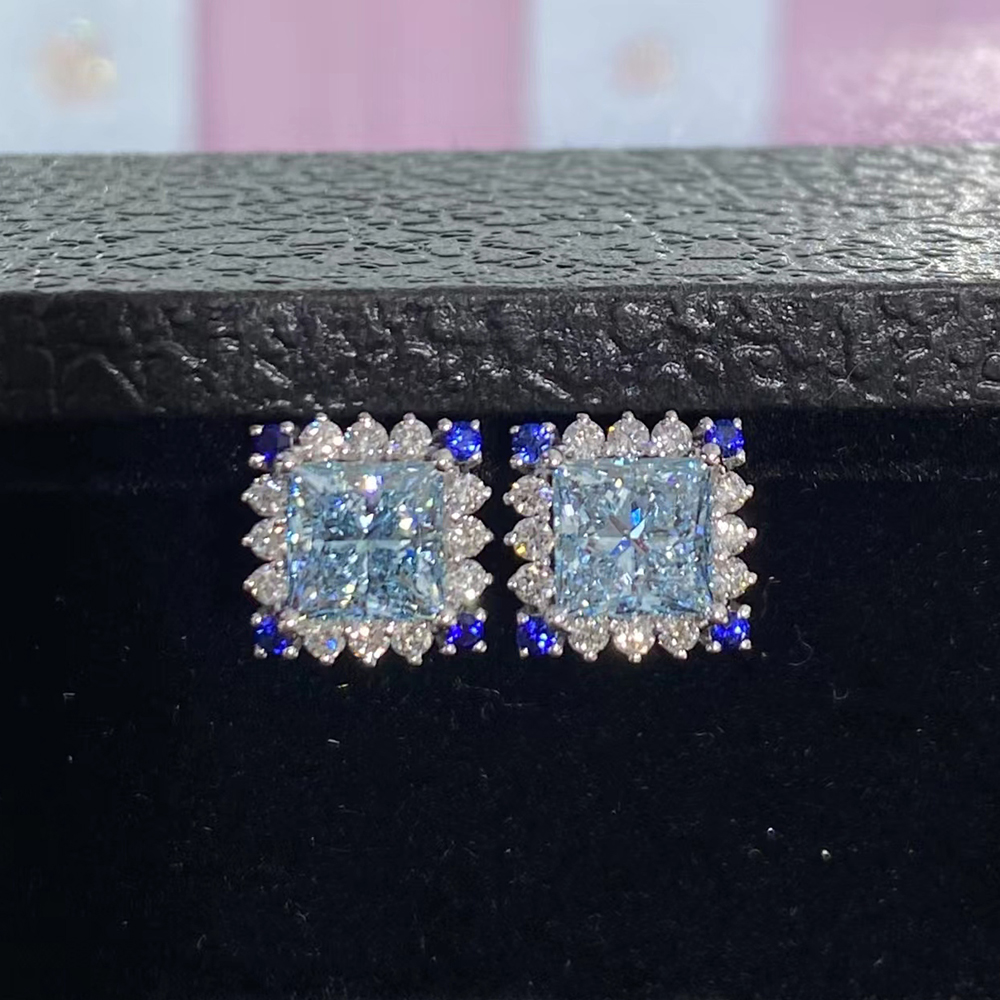 SLZZKCZ052 2.956ct Ascher Blue Lab Grown Diamond in 18K White Gold Earrings