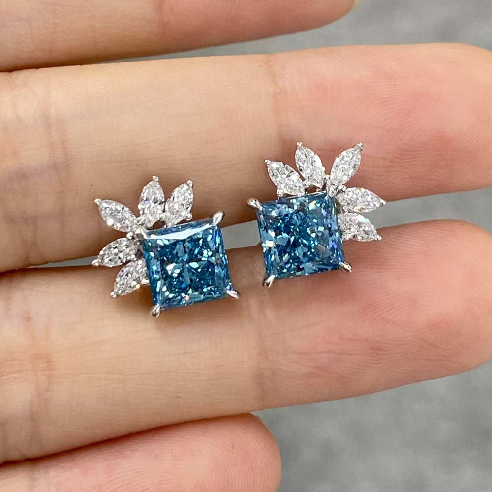 SLZZKCZ053 3.674ct Ascher Blue Lab Grown Diamond in 18K White Gold Earrings