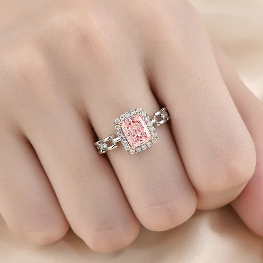 SLZQ001F03 1.33ct Long Cushion Pink Lab Grown Diamond in 18K White Gold Ring