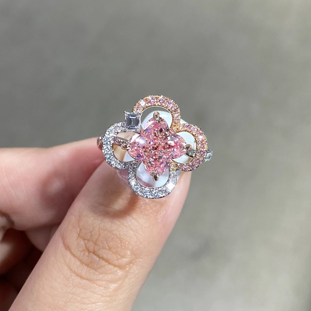 SLZZ001F67 3.07ct Four Leaf Clover Pink Lab Grown Diamond in 18K White Gold Ring