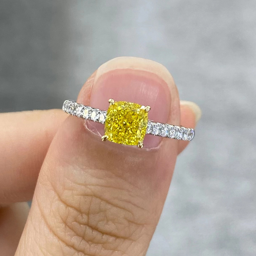 SLZZKCZ032 1.332ct Cushion Yellow Lab Grown Diamond in 18K White Gold Ring