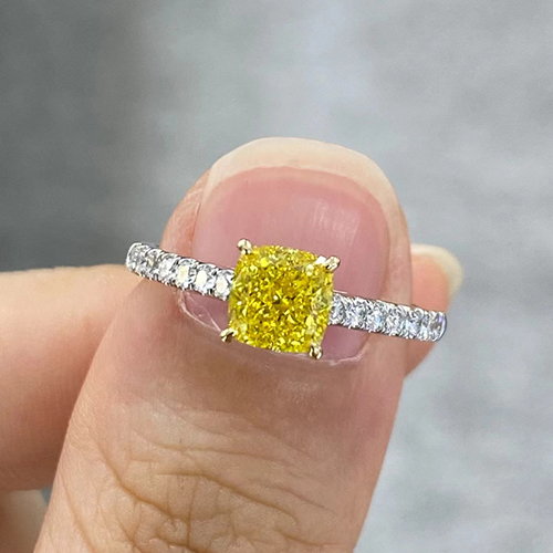 SLZZKCZ032 1.332ct Cushion Yellow Lab Grown Diamond in 18K White Gold Ring