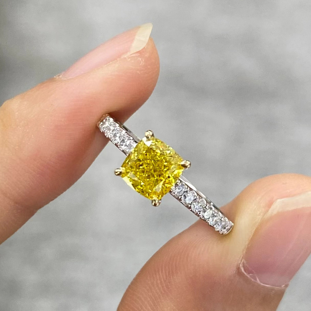 SLZZKCZ032 1.332ct Cushion Yellow Lab Grown Diamond in 18K White Gold Ring