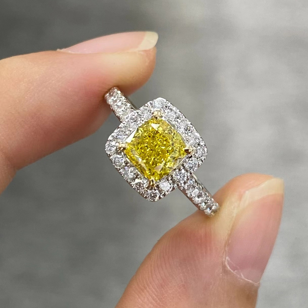 SLZZKCZ033 1.635ct Cushion Yellow Lab Grown Diamond in 18K White Gold Ring