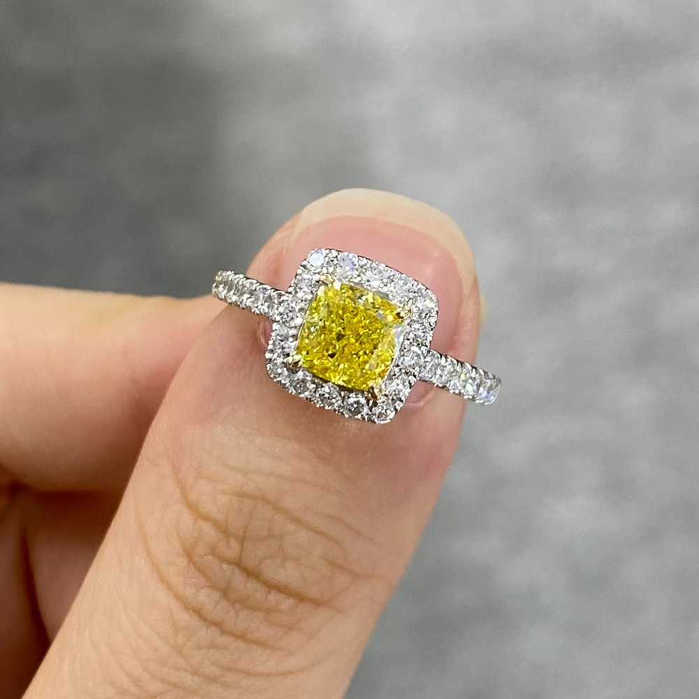 SLZZKCZ033 1.635ct Cushion Yellow Lab Grown Diamond in 18K White Gold Ring