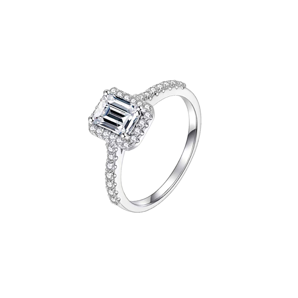 Emerald Cut HaloWhite Lab Grown Diamond in 18K White Gold Ring