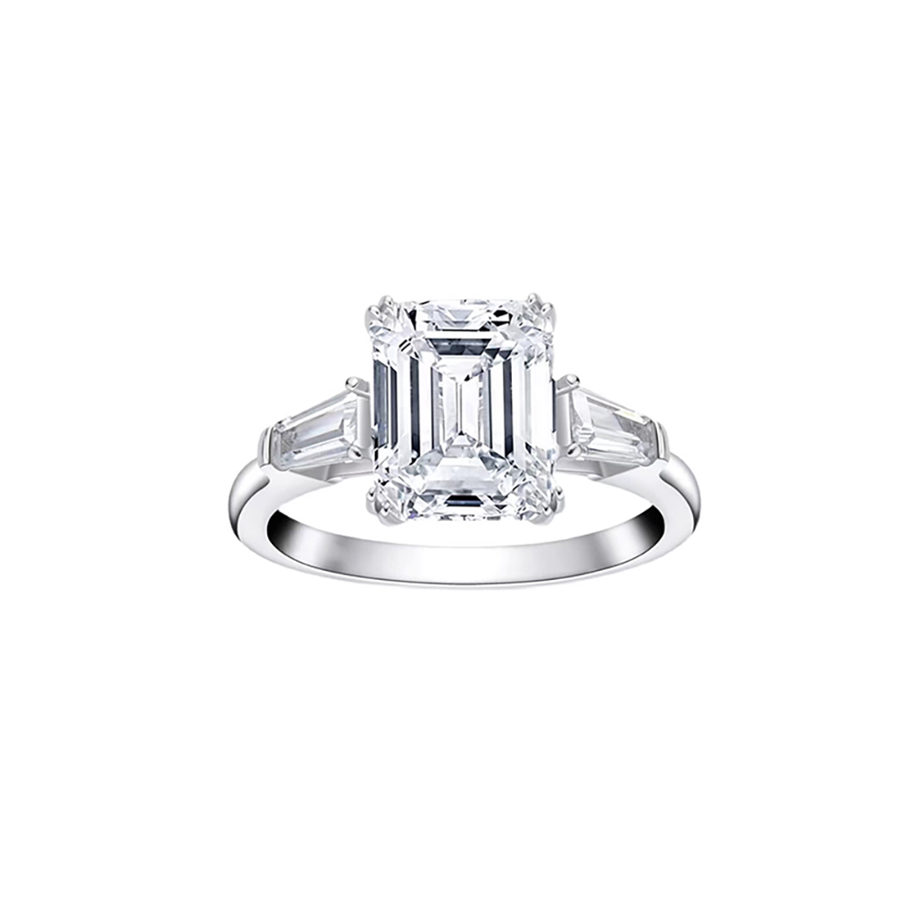 Emerald Cut Three Stone White Lab Grown Diamond in 18K White Gold Ring