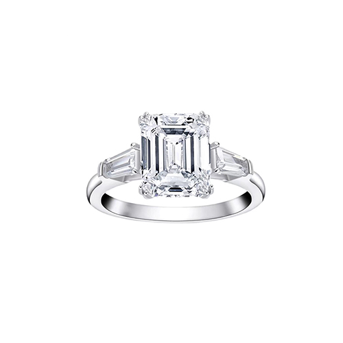 Emerald Cut Three Stone White Lab Grown Diamond in 18K White Gold Ring