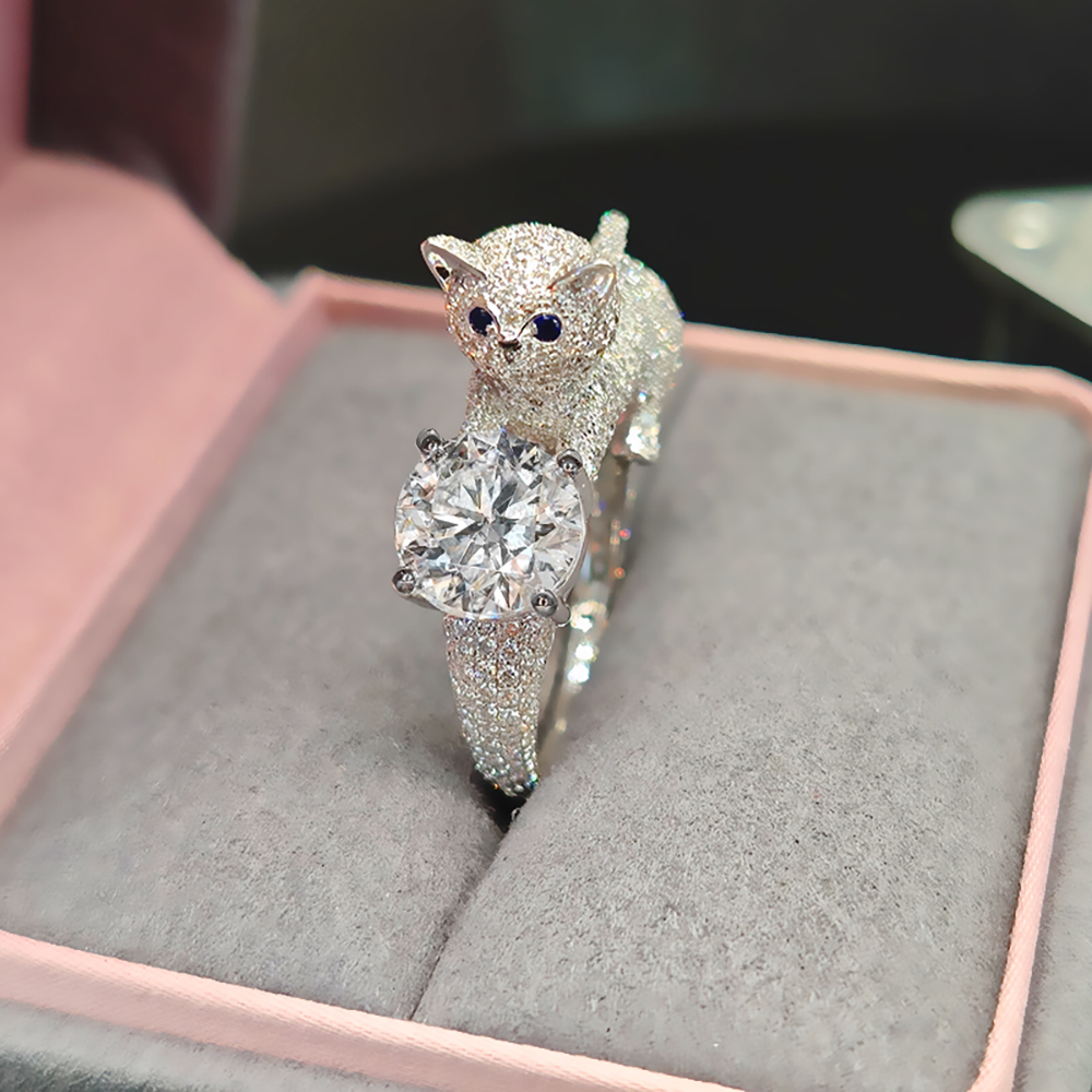 Cat White Lab Grown Diamond in 18K White Gold Ring