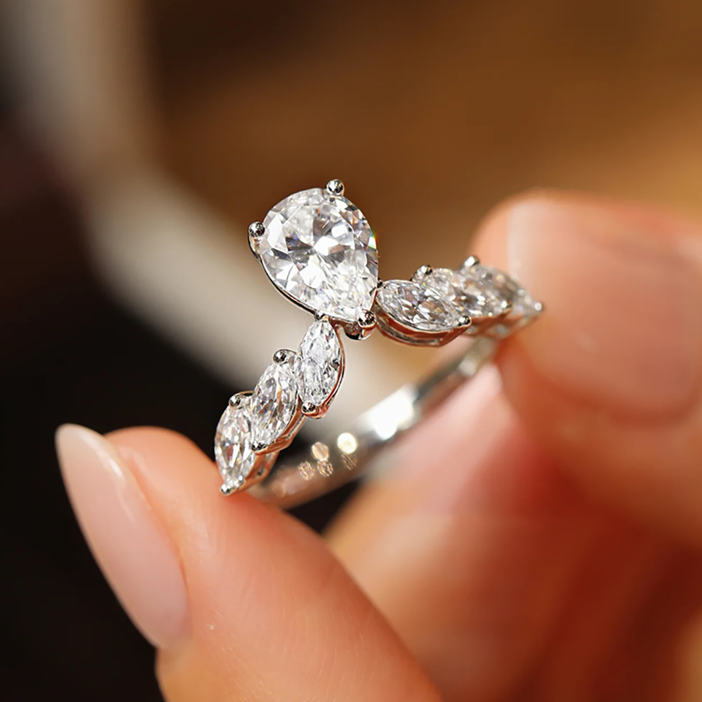 Crown Pear White Lab Grown Diamond in 18K White Gold Ring