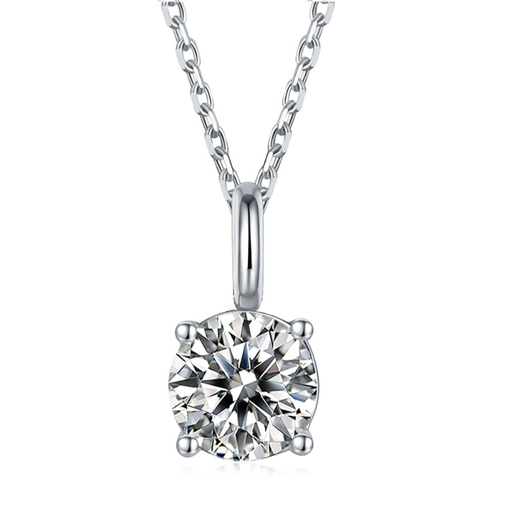 Four Prong Sparkling O White Lab Grown Diamond in 18K White Gold Necklace